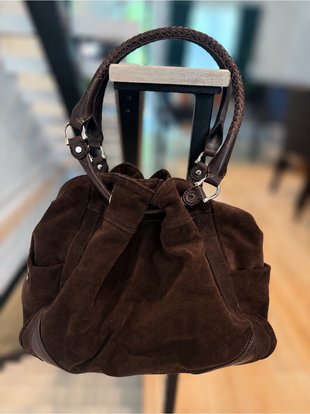 Cole Haan Dark Brown Suede Shoulder Bag With Braided Handles